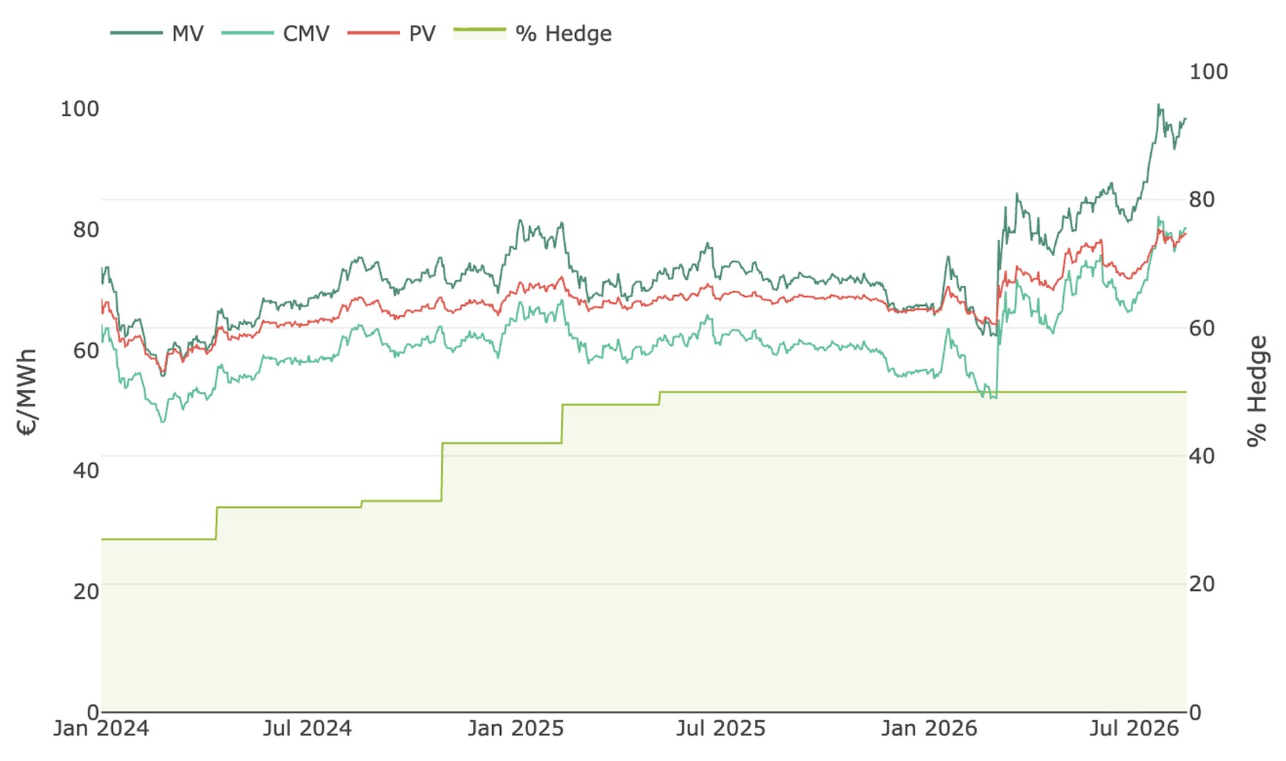 History of market value, covered market value and portfolio value since 2024, with the hedge ratio stepping up as trades are closed.