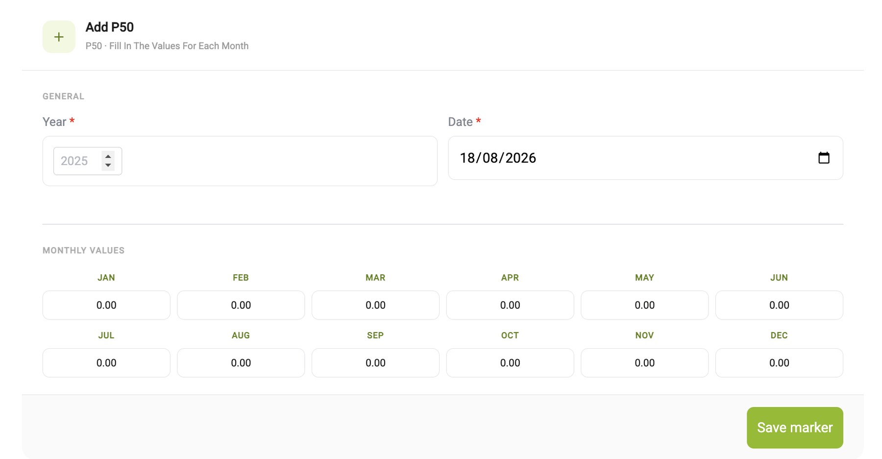 Form to add an asset with its month-by-month P50 production values.