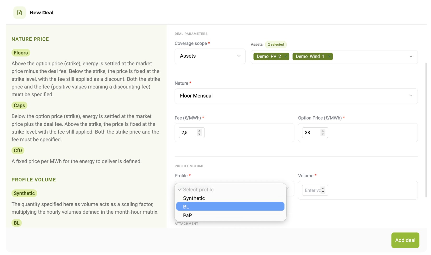 Adding a hedge: nature, fee, strike price, profile and volume, applied to two assets at once.