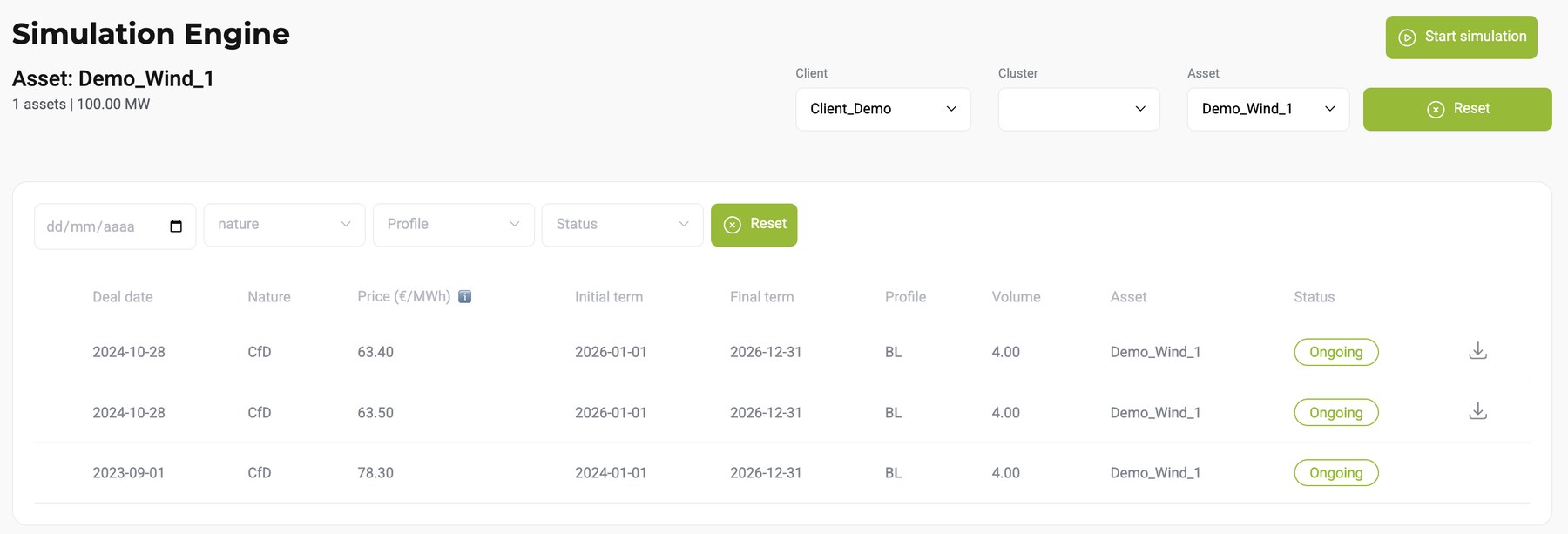 Simulation engine with the deals of a single asset: date, nature, price, tenors, profile, volume and status.